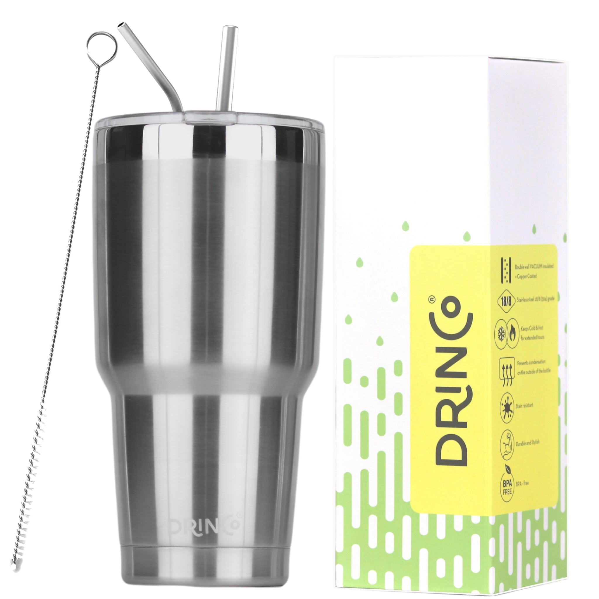 DRINCO® 30oz Insulated Tumbler Spill Proof Lid w/2 Straws (Brushed