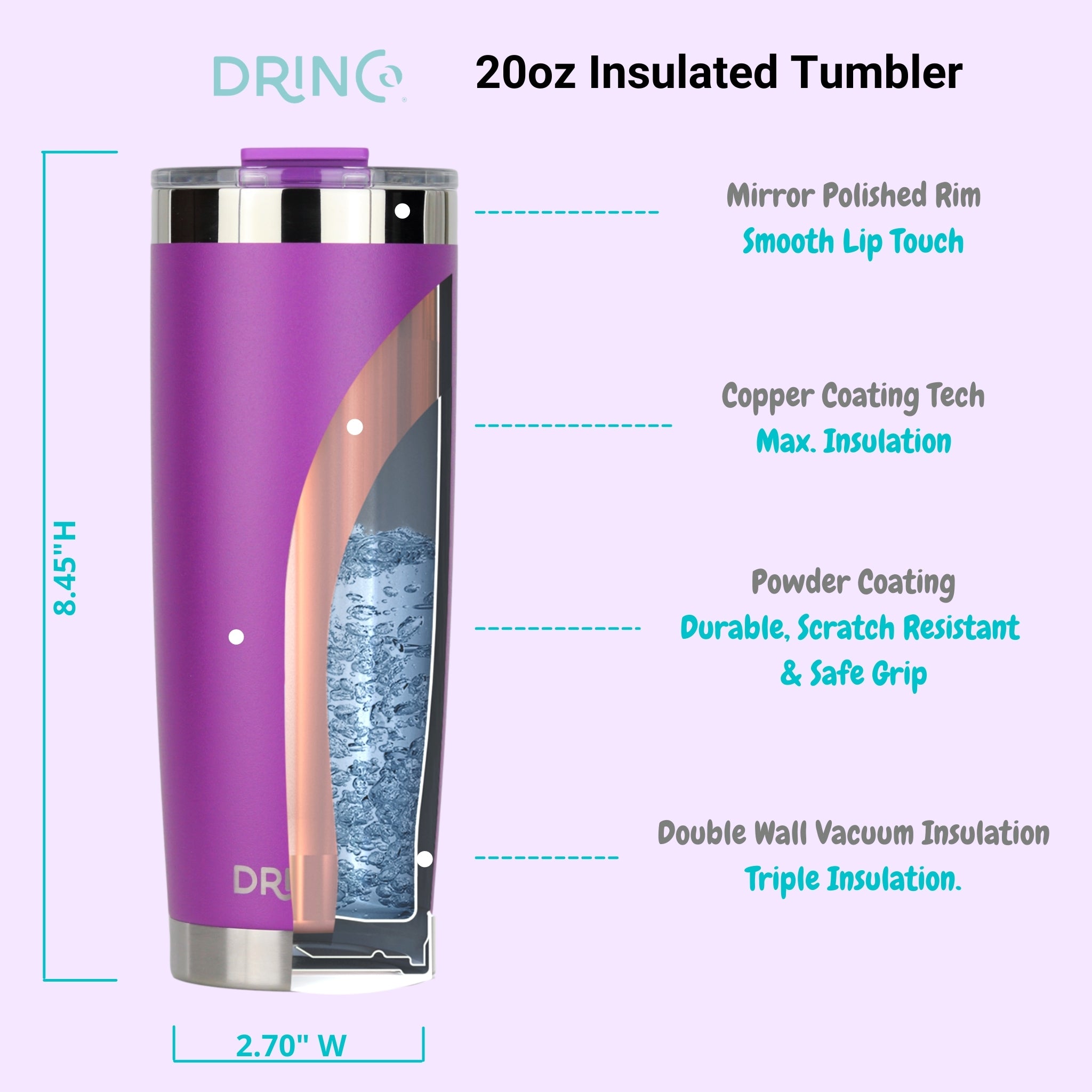 DRINCO® 20oz Insulated Tumbler w/Spill Proof Lid, 2 Straws(Purple) –  VividPath Coffee